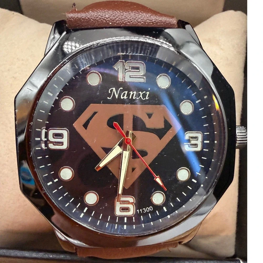 Nanxi Superman Themed‎ Watch 11300 Black Octagonal Case Leather Strap 0463